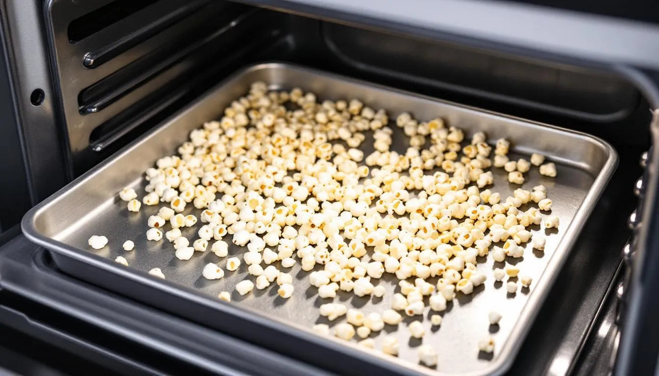 Popcorn kernels baking on tray in oven