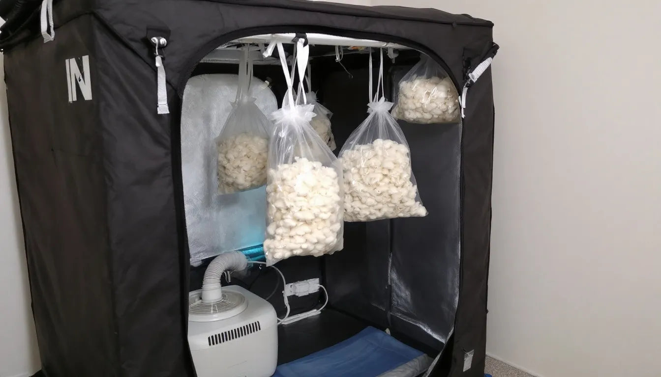Mushroom grow tent setup with bags and humidifier