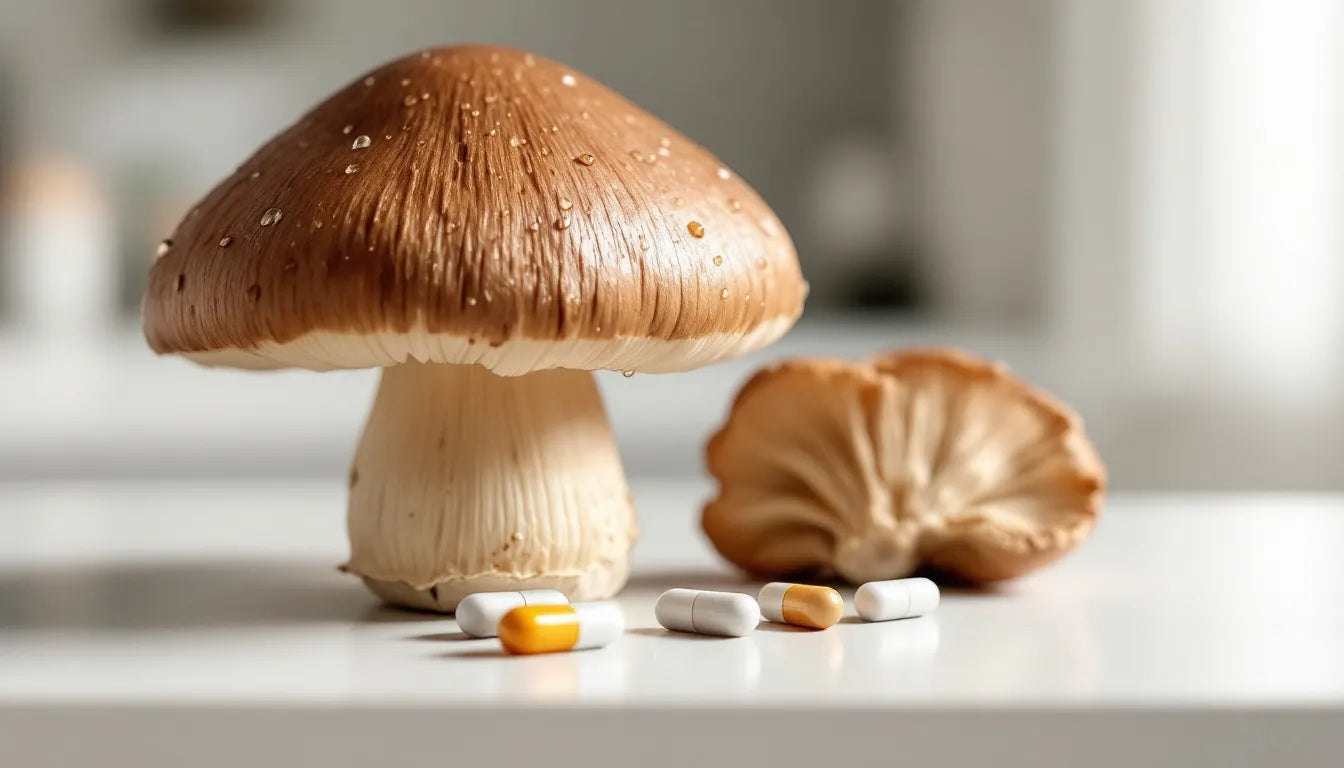 Medicinal capsules placed next to psychedelic mushroom