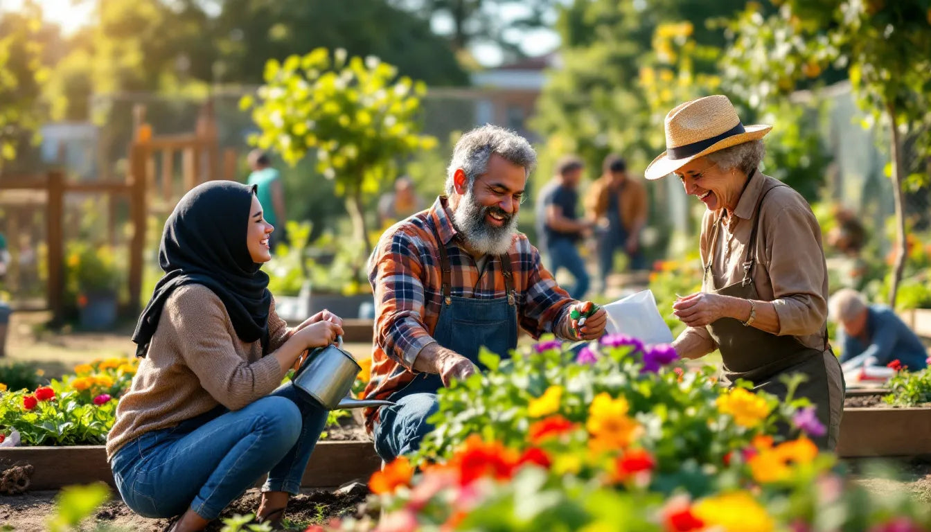 Group of people gardening together in a city community garden