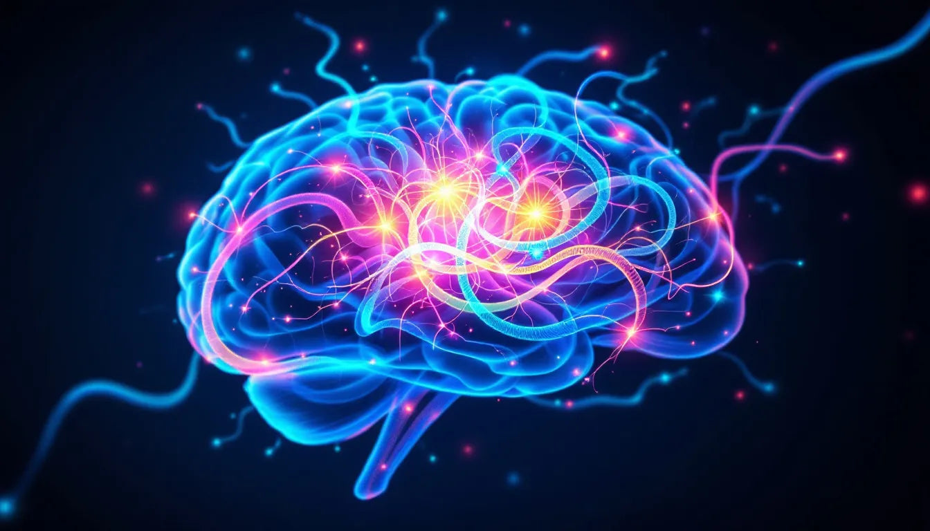 Visualization of brain with colorful neural pathways to represent neuroplasticity from psychedelics