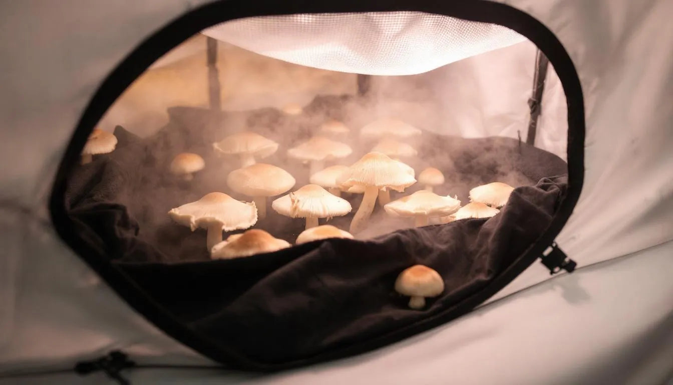 Mushroom grow tent filled with fine mist