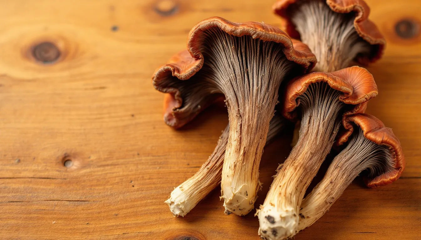 Dried Reishi mushrooms displayed on a wooden surface.