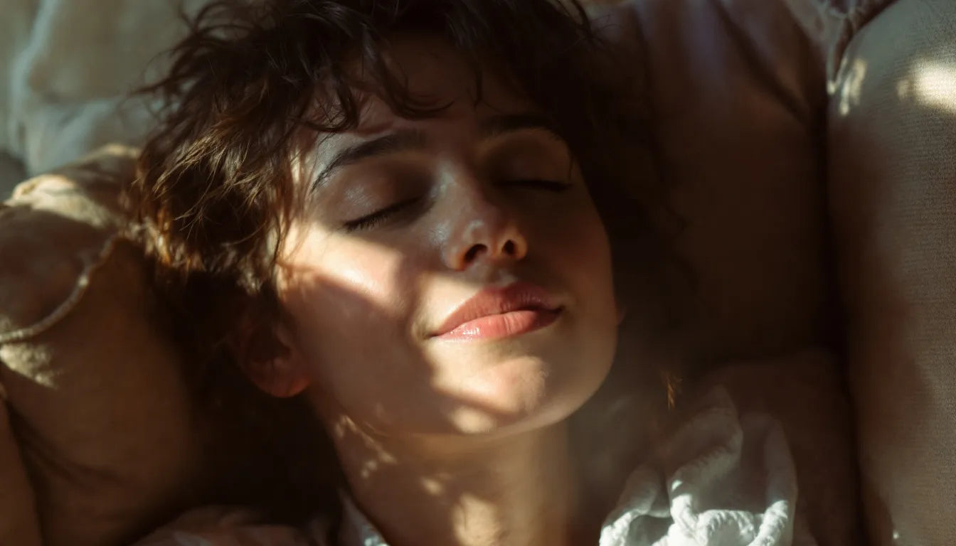 A person with closed eyes smiling, representing emotional and psychological effects of psilocybin.