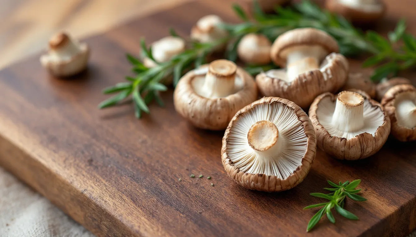 fresh mushrooms on a wooden surface showing texture