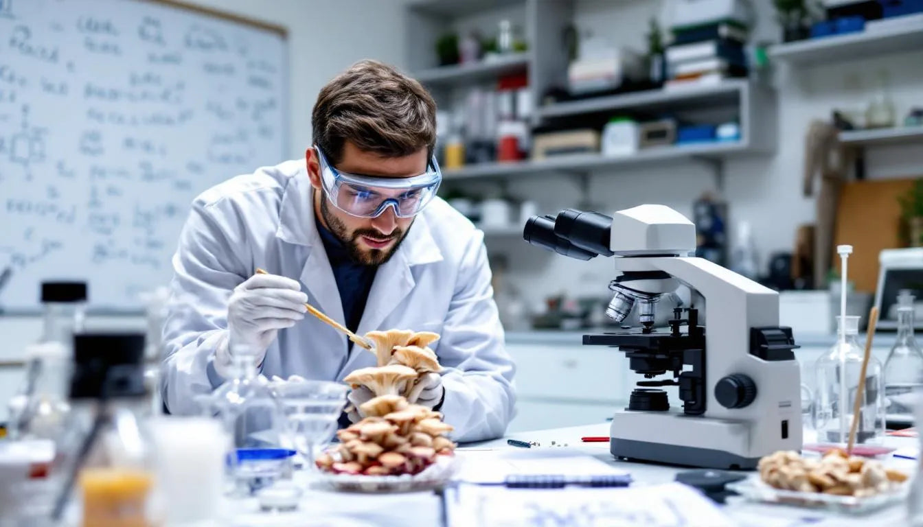 Laboratory setting with scientist analyzing mushrooms for DNA classification