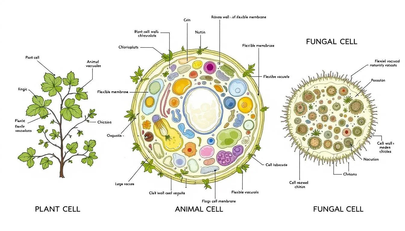 Plant, animal, and fungal cells side by side