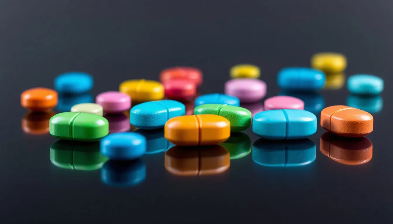 Colorful MDMA ecstasy pills on a black reflective surface