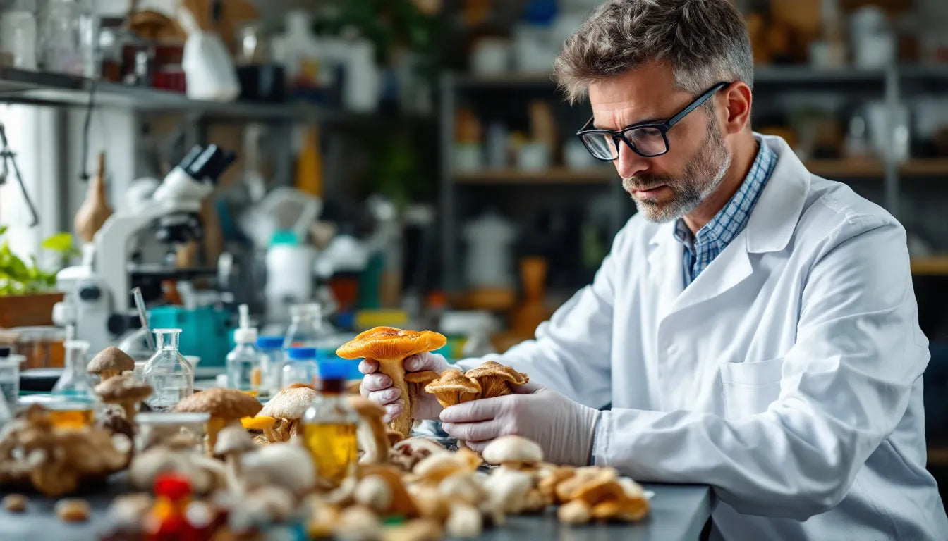 Scientist studying psilocybin mushrooms in laboratory setting