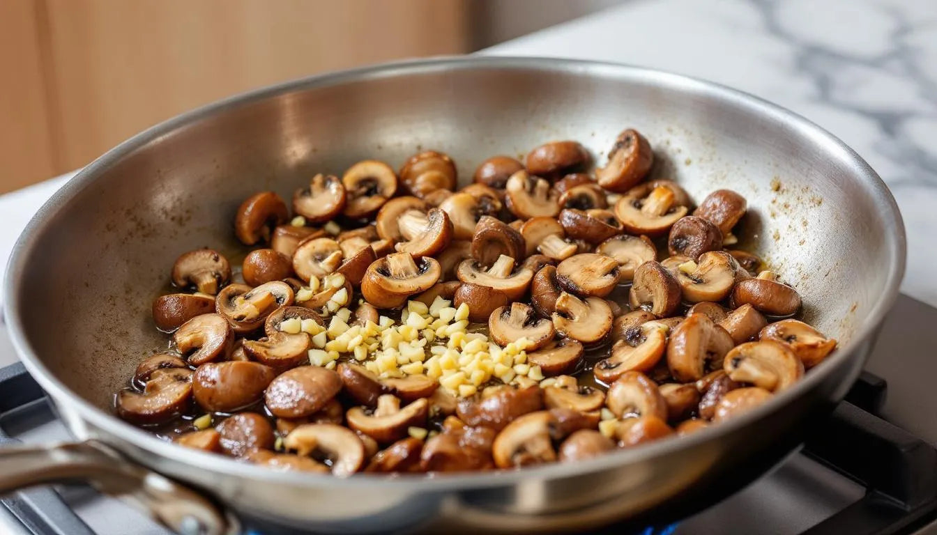 Mushrooms sautéing with garlic in a frying pan