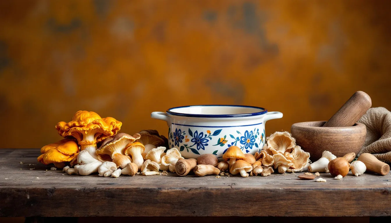 Various mushrooms placed beside ceramic and iron cookware