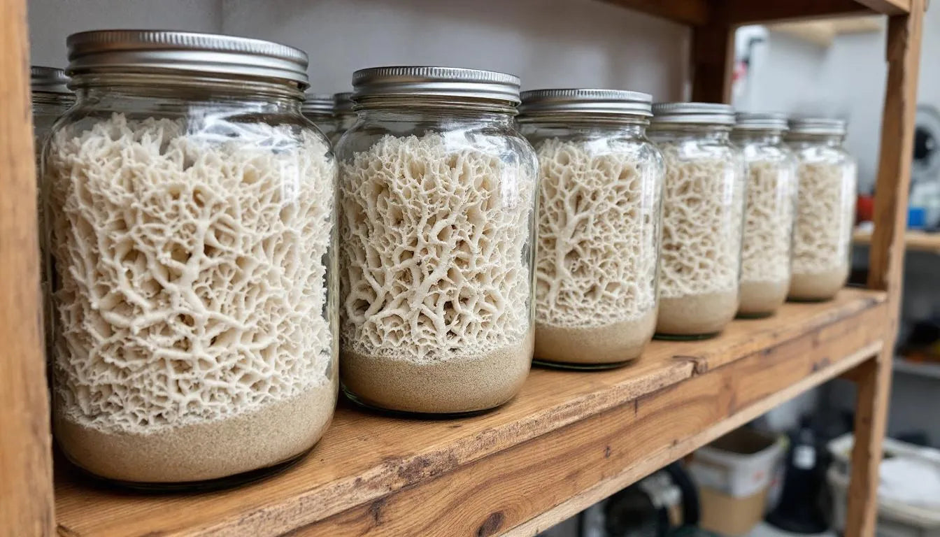 Multiple healthy mushroom grow jars arranged on a shelf