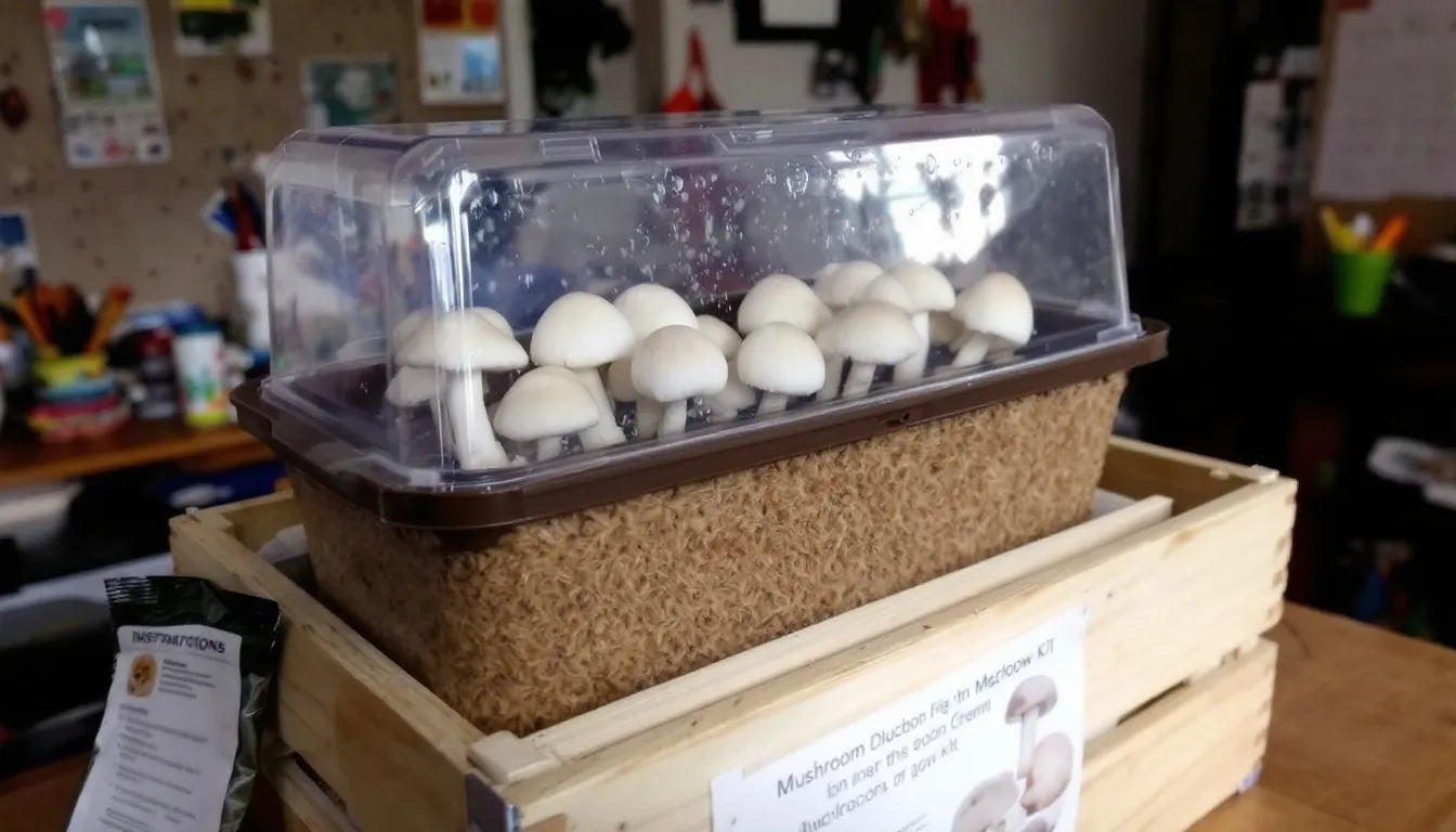 A mushroom grow kit producing multiple flushes of mushrooms over time.
