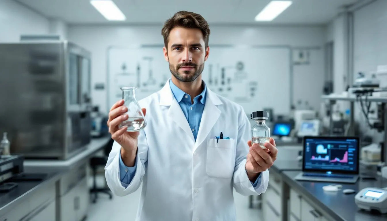 Scientist comparing vintage and modern lab equipment