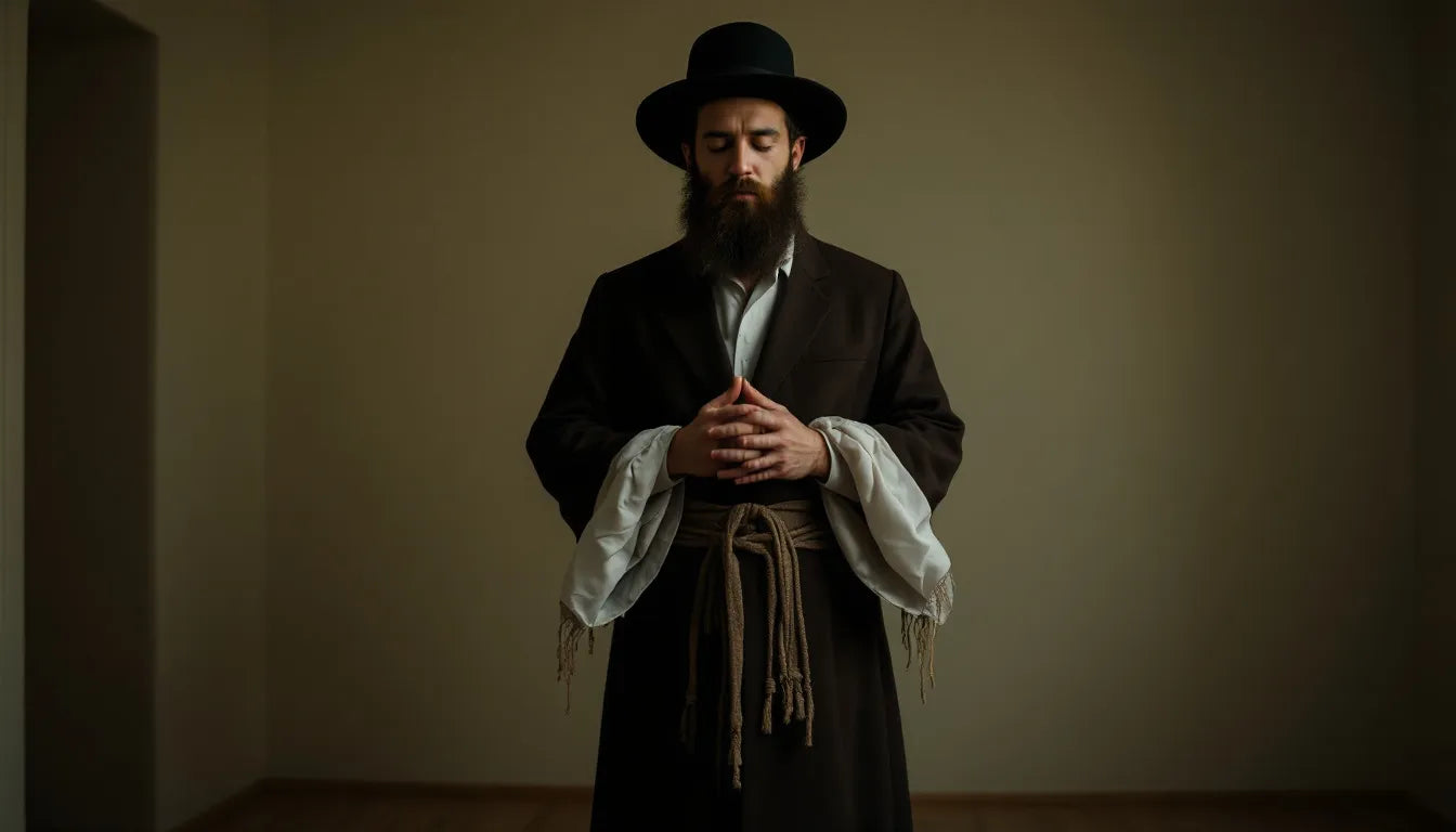 A Hasidic man wrapped in a tallit, deep in prayer, symbolizing Jewish mysticism.