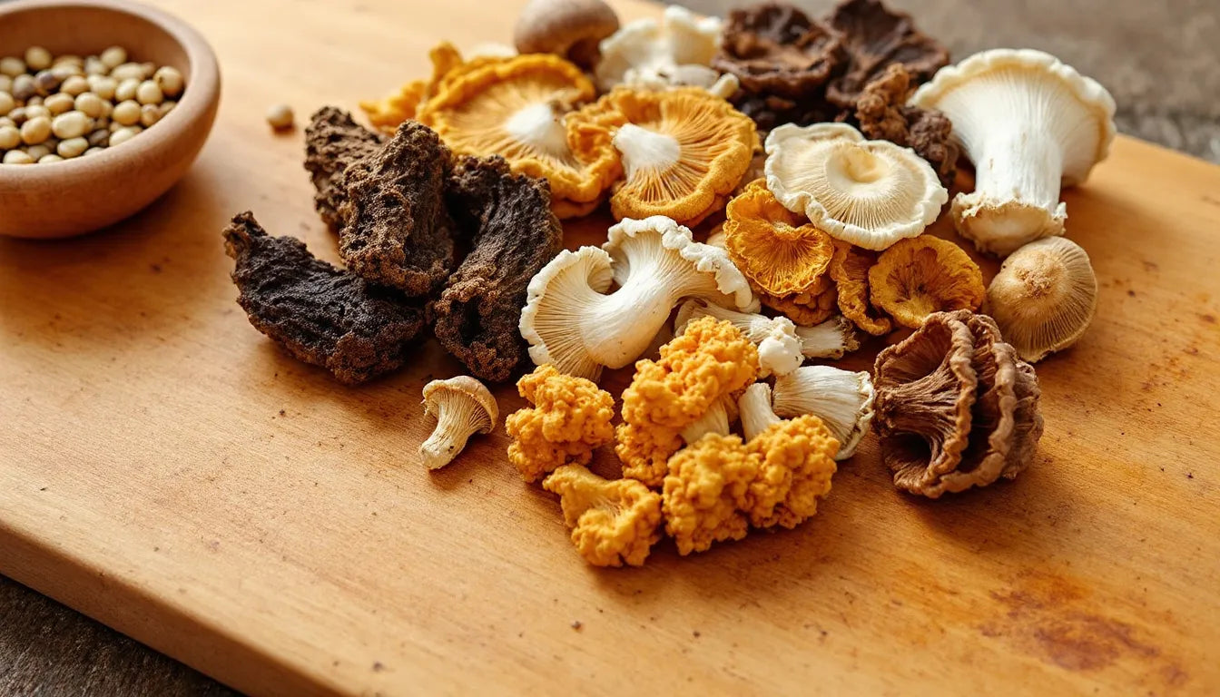 variety of dried medicinal mushrooms on table