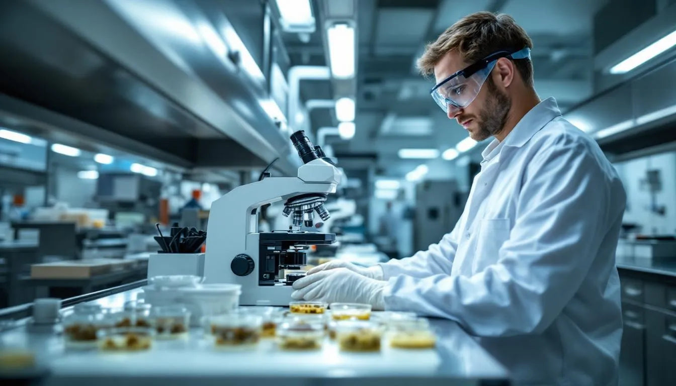 Scientist examining fungal cultures in sterile laboratory