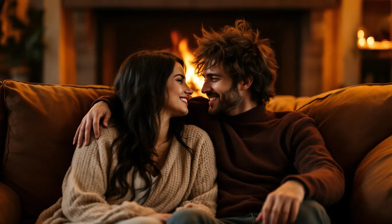 Couple having emotional conversation on a cozy couch