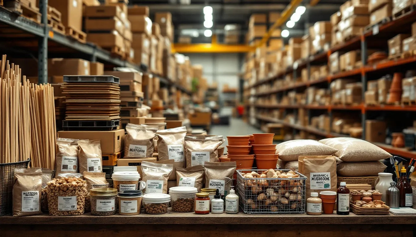 Soy hull pellets, hardwood pellets, and grow bags on storage shelves