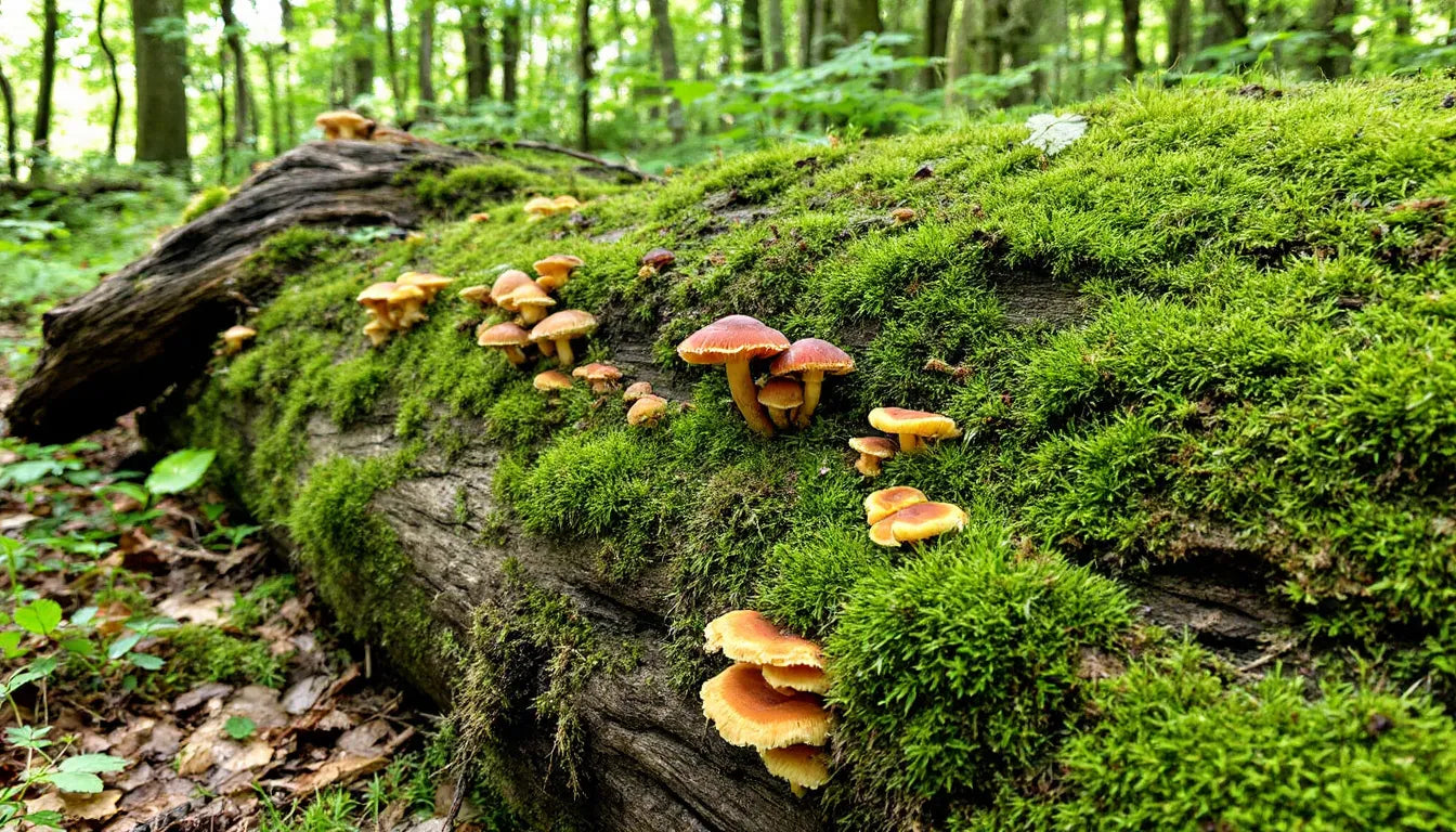 Chestnut mushrooms growing naturally on moss-covered log