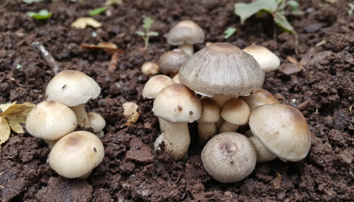 Mushrooms sprouting from nutrient-rich compost soil.