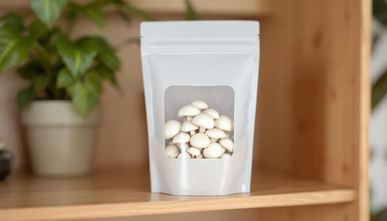 single mushroom grow bag placed on a shelf in a home