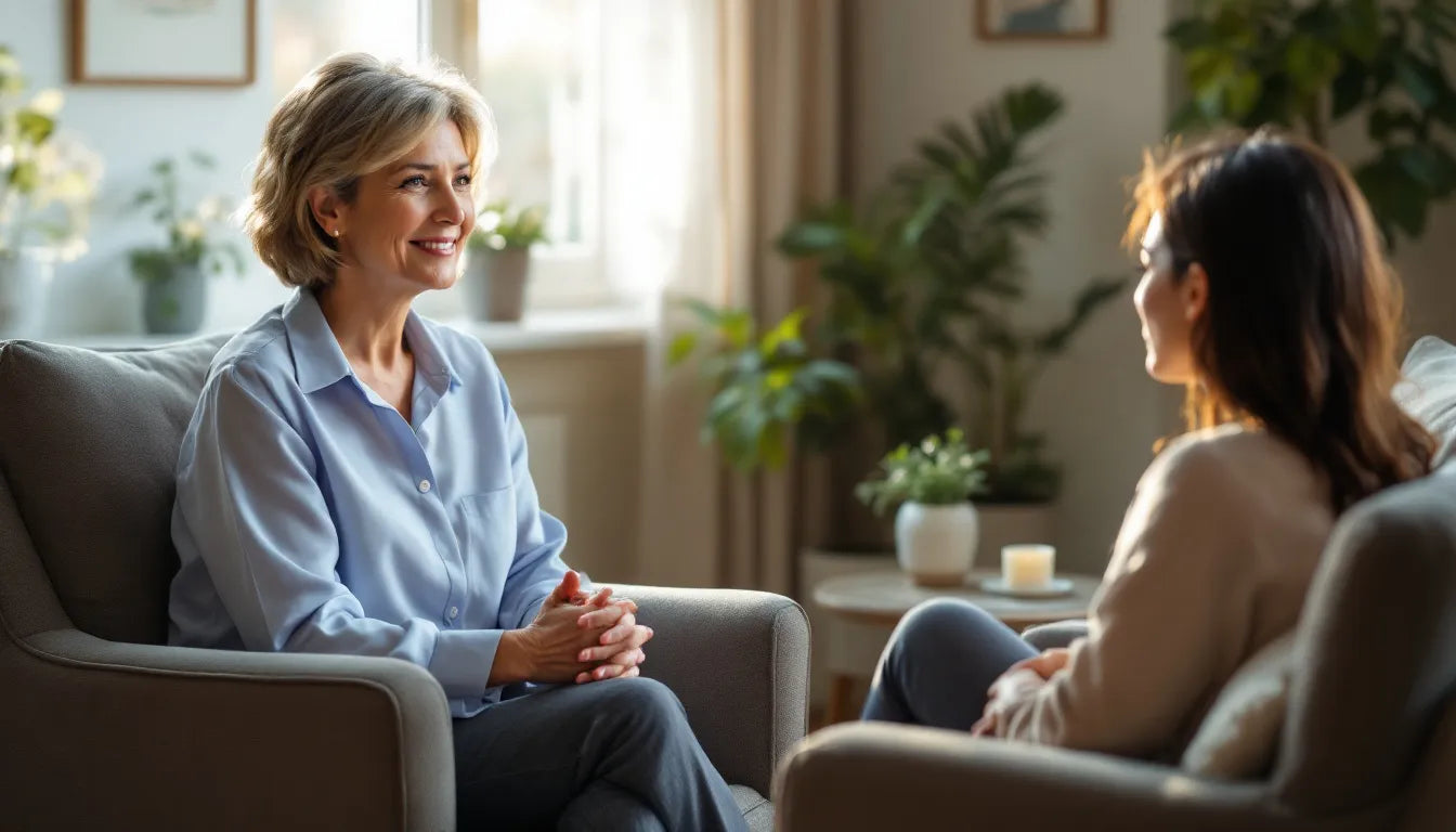 A therapist and patient having a discussion in a calm setting.