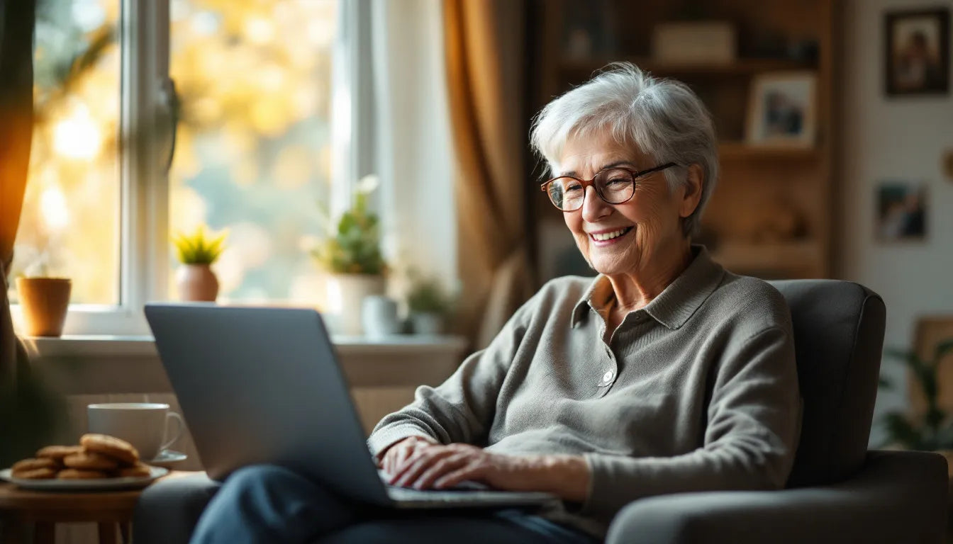 An elderly person smiling while using a laptop, appearing mentally engaged.