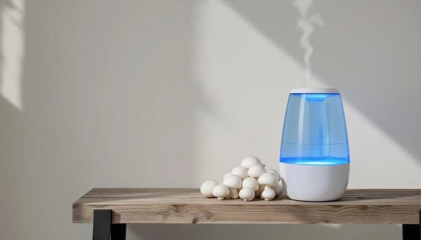 Ultrasonic humidifier placed on shelf by mushrooms