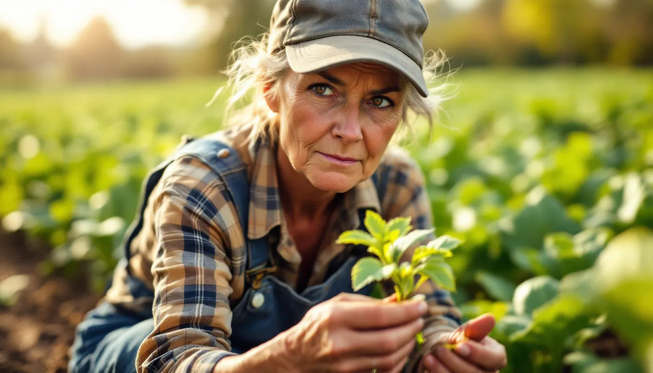 Person harvesting herbs while looking judgmental