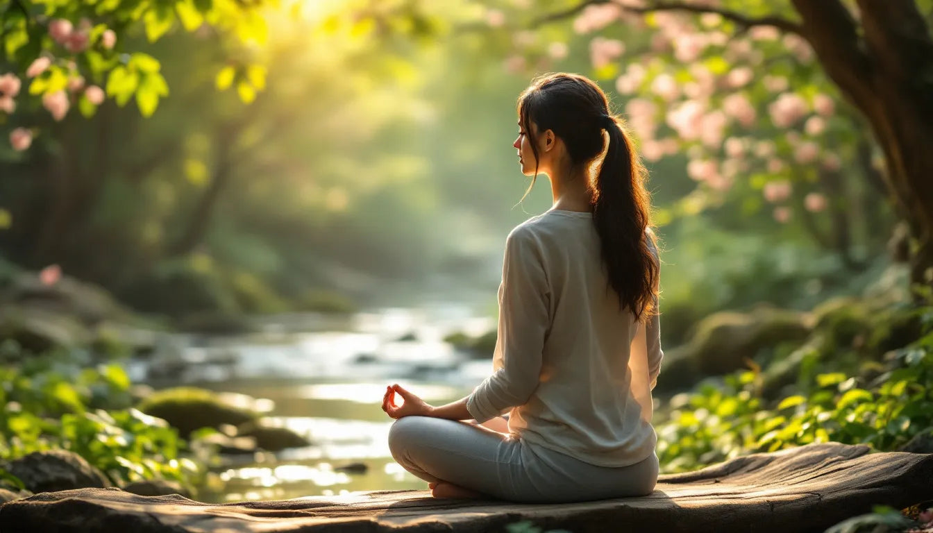 A person sitting in a meditative pose outdoors, surrounded by nature.