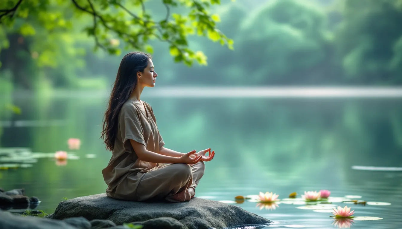 A serene person meditating near a peaceful body of water.