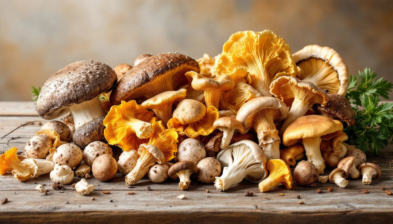 Assorted gourmet mushrooms including shiitake and oyster types