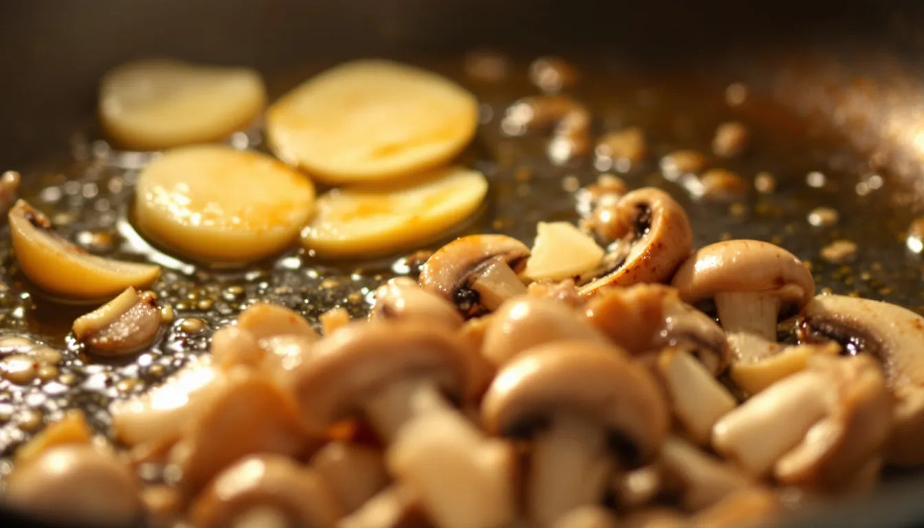 Wood blewit mushrooms being sautéed with garlic in a frying pan