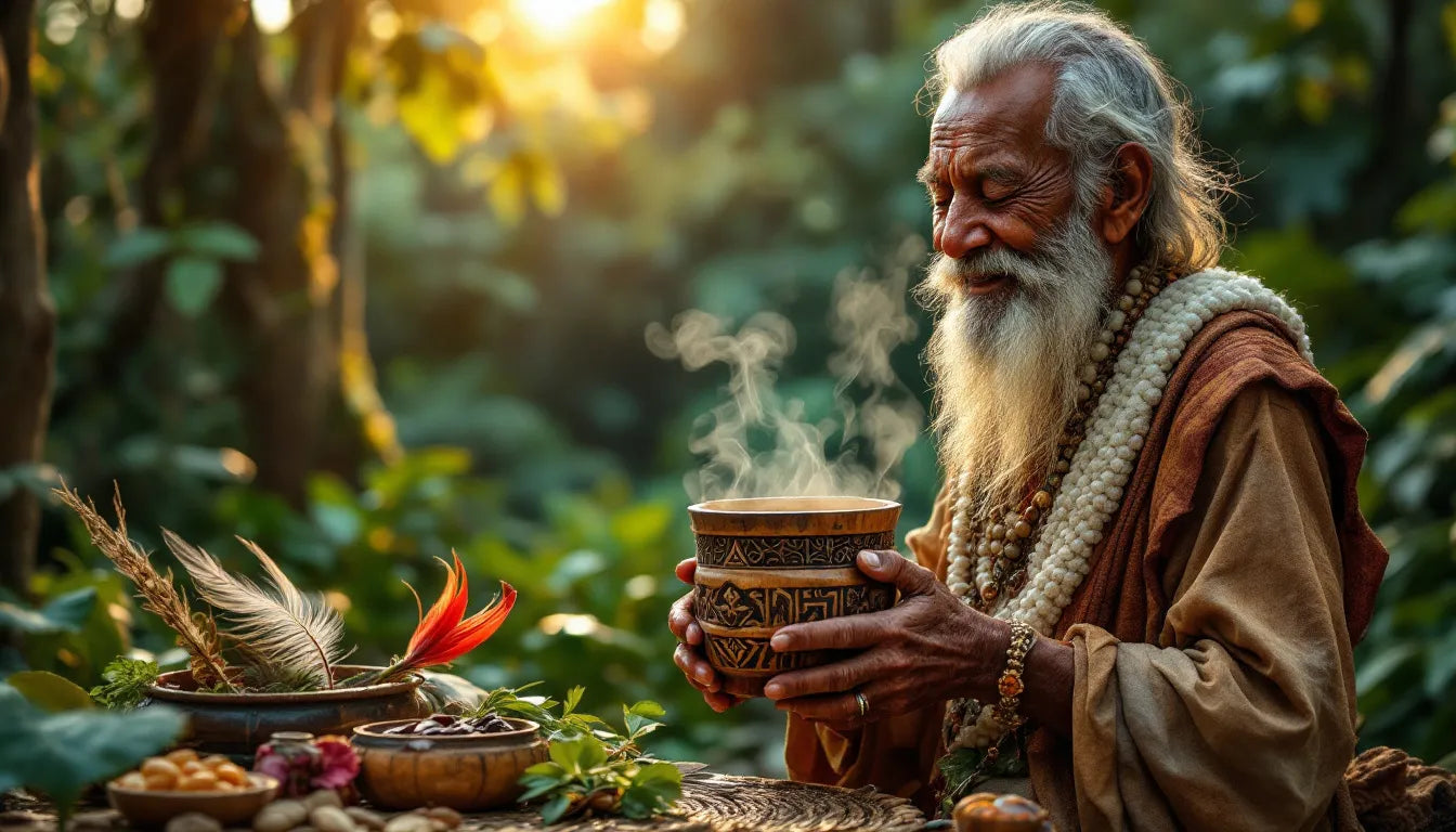 Indigenous elder holding ayahuasca brew in ritual setting