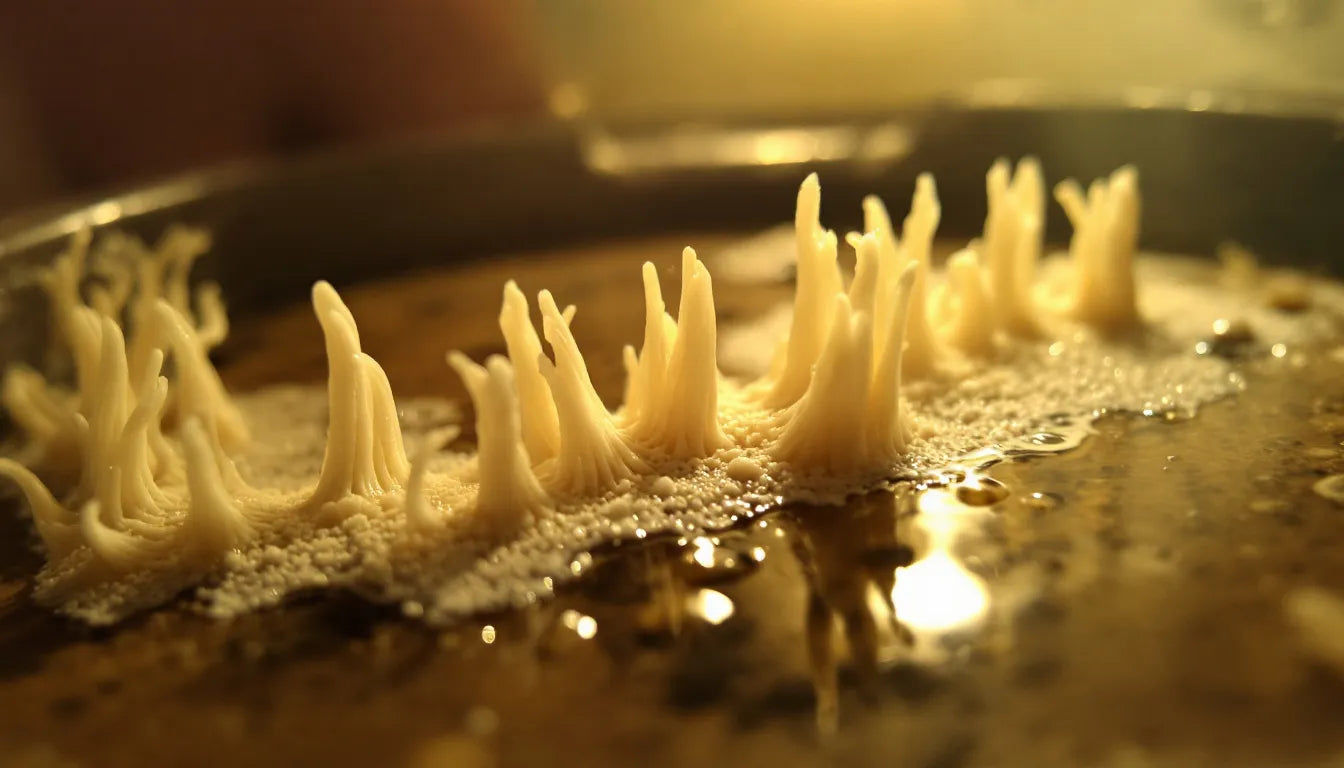 Lion's Mane mushrooms growing in a home cultivation kit.