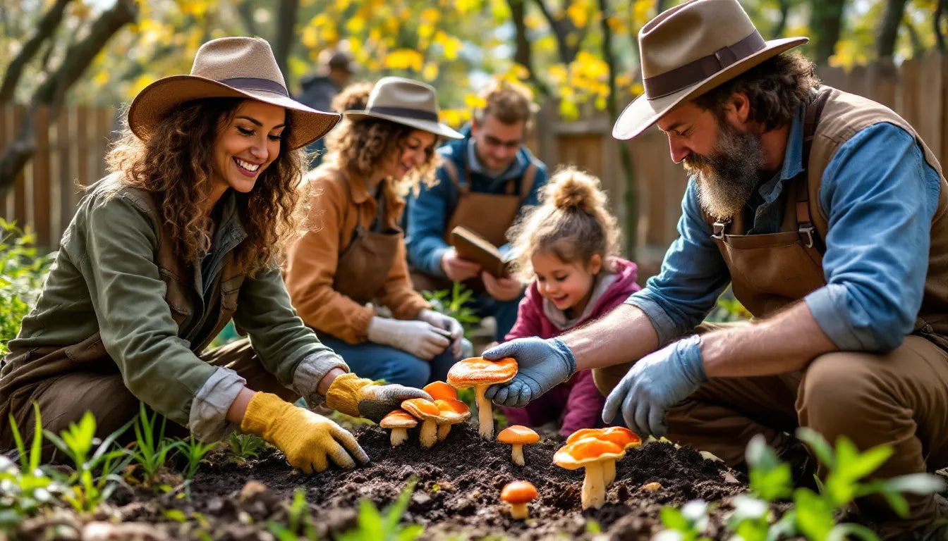 Group of people harvesting mushrooms in a community garden