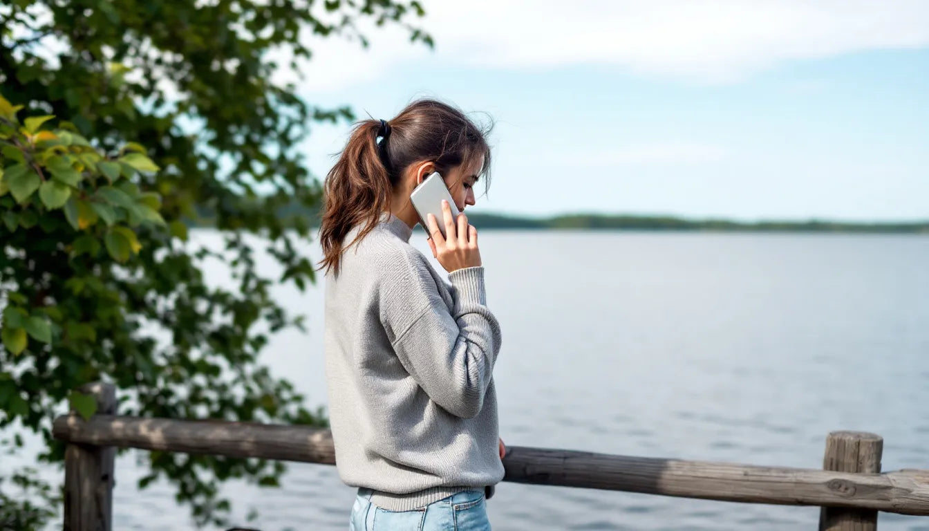 Person outdoors calmly typing on smartphone