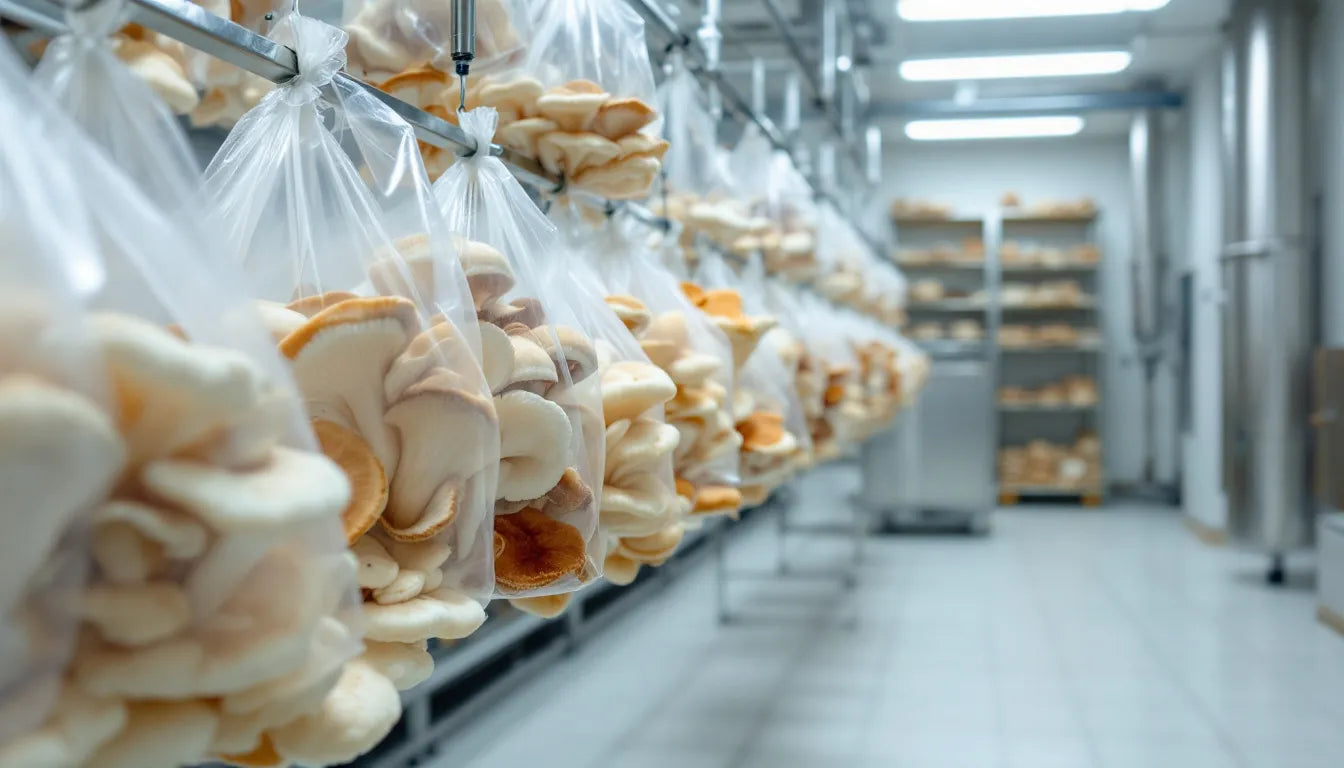 Sterilized mushroom cultivation bags filled with Master’s Mix substrate.
