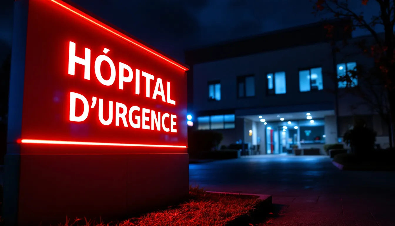 A brightly lit emergency hospital sign at night, symbolizing increased medical cases.