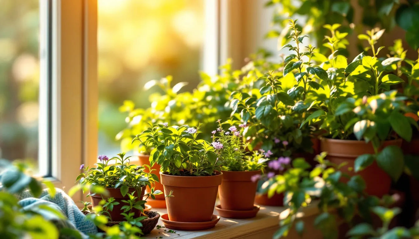 Herb plants growing on a sunny household windowsill