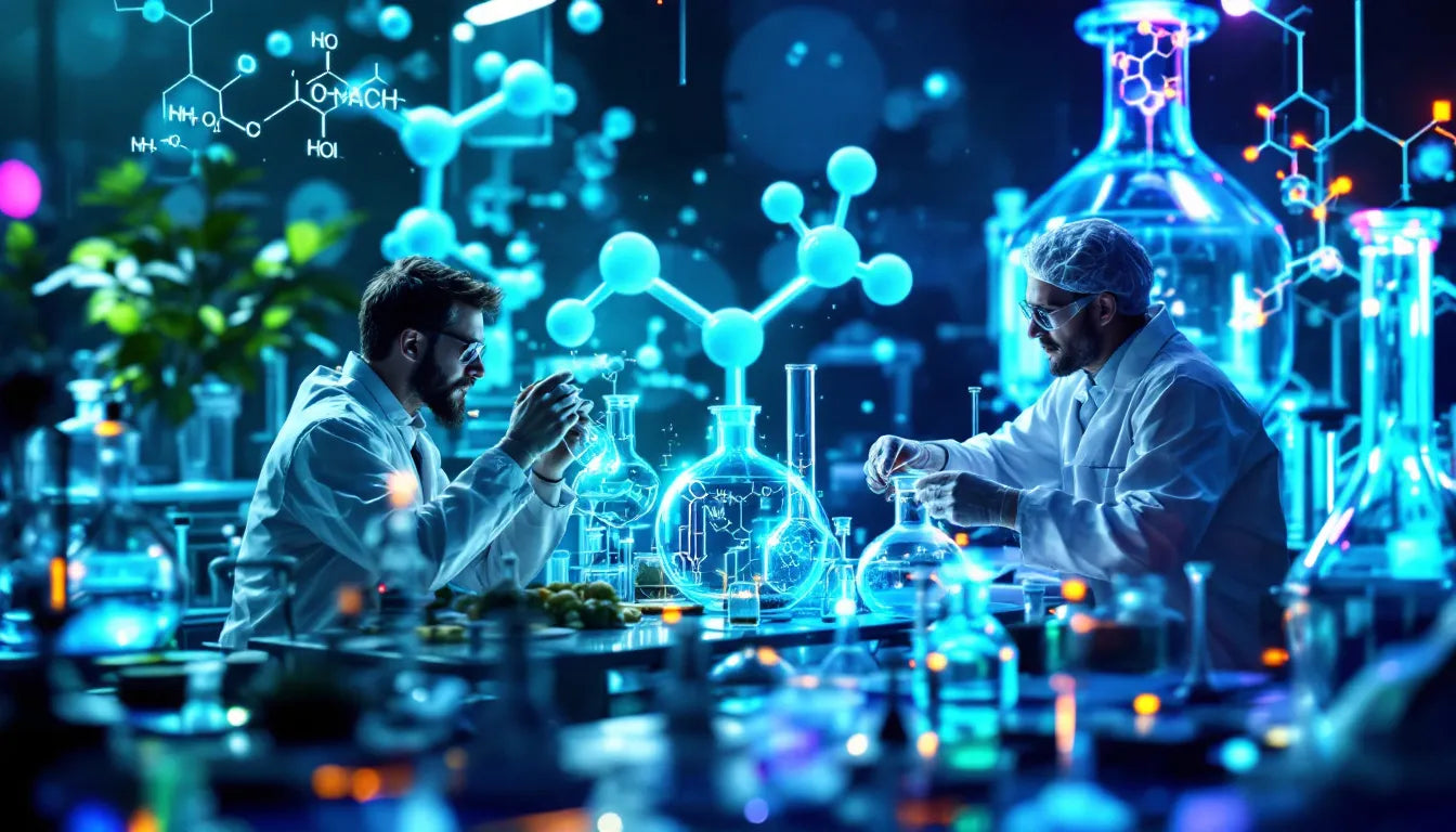 Futuristic laboratory depicting ibogaine synthesis with molecular structures and researchers working on psychedelic medicine advancements.