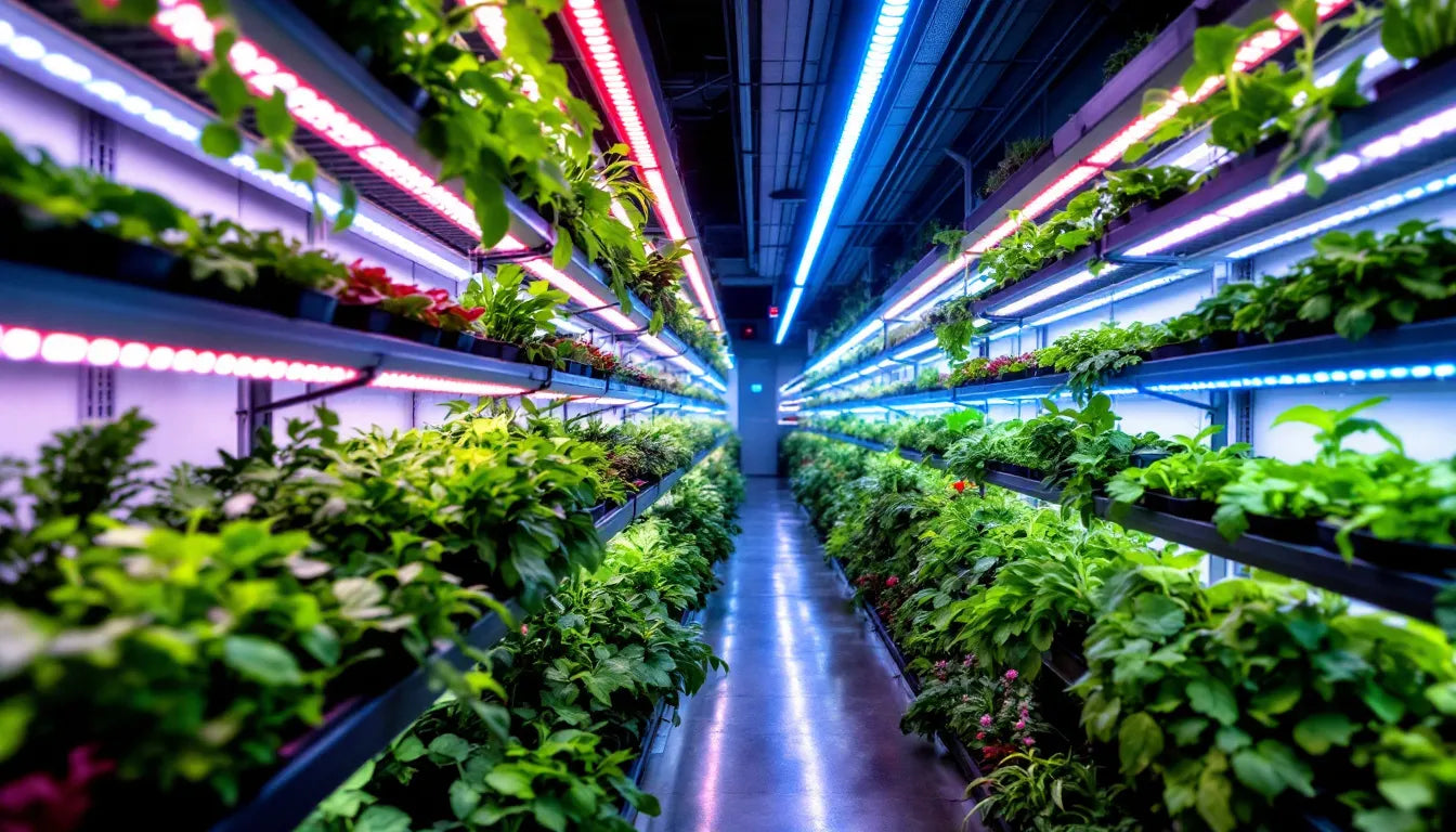 Indoor vertical farm illuminated with purple LED grow lights