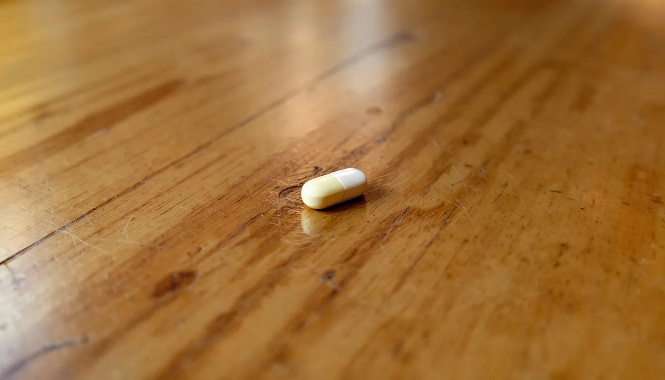 Tiny pill on a wooden table