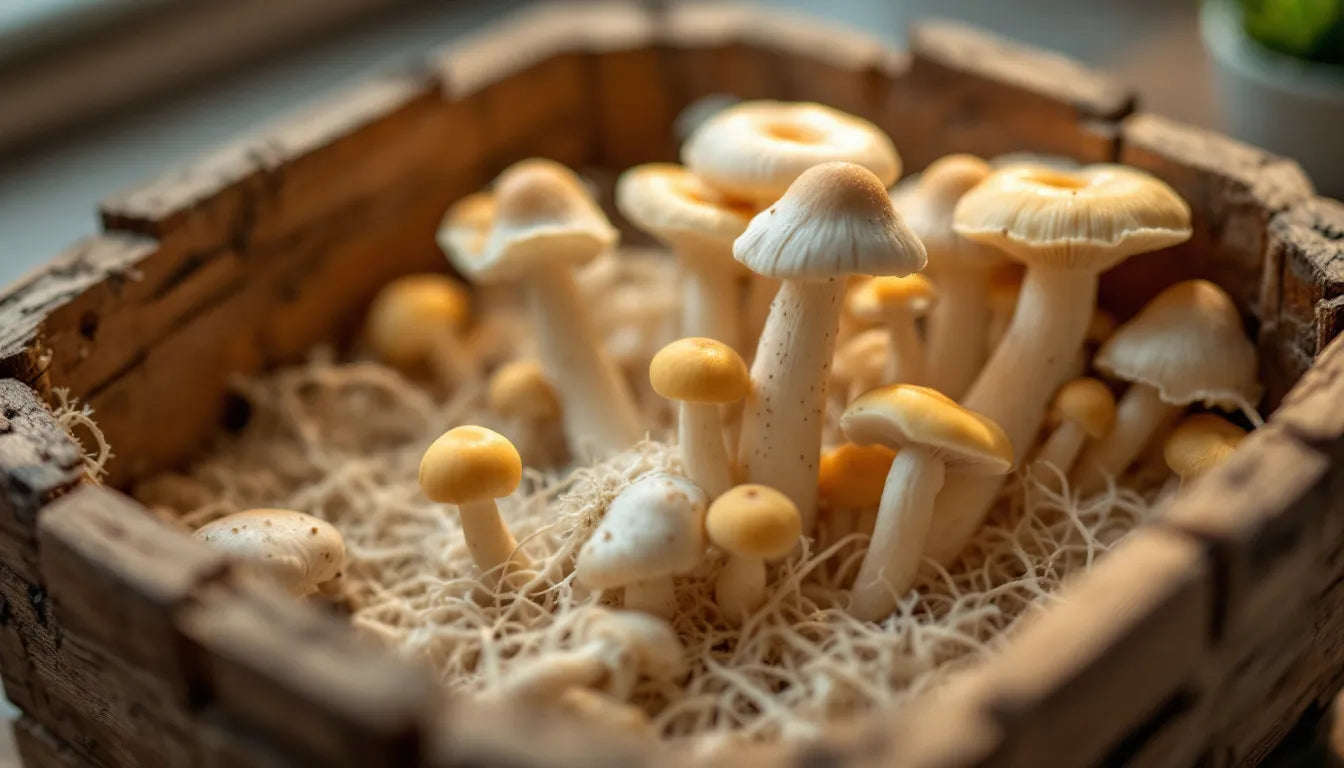 Fresh mushrooms sprouting from a ready-to-harvest grow kit.