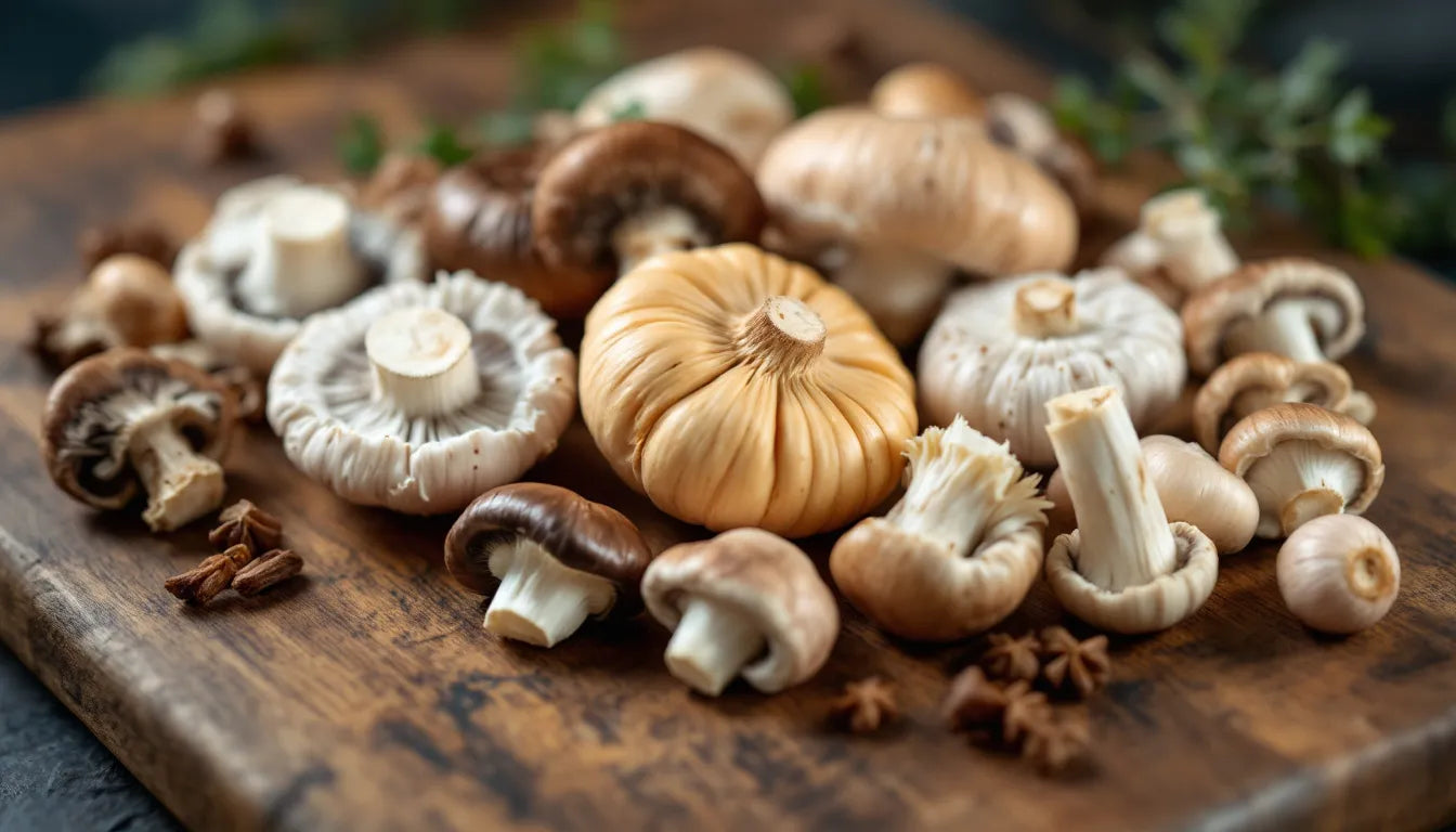 Selection of gourmet mushrooms displayed on a cutting board