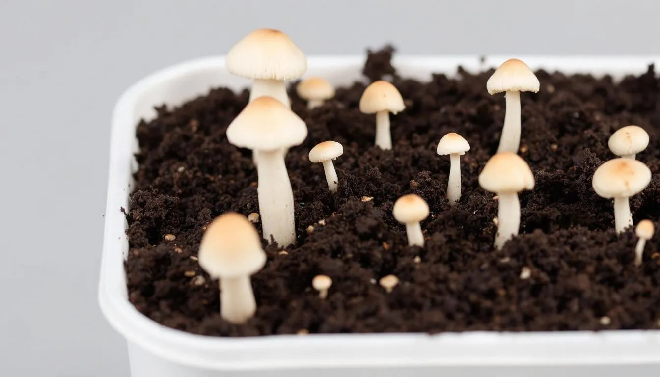 mushrooms growing inside a home cultivation kit
