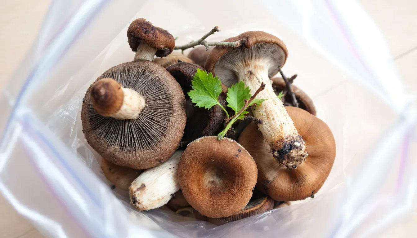 Fresh mushrooms sealed inside a freezer bag.