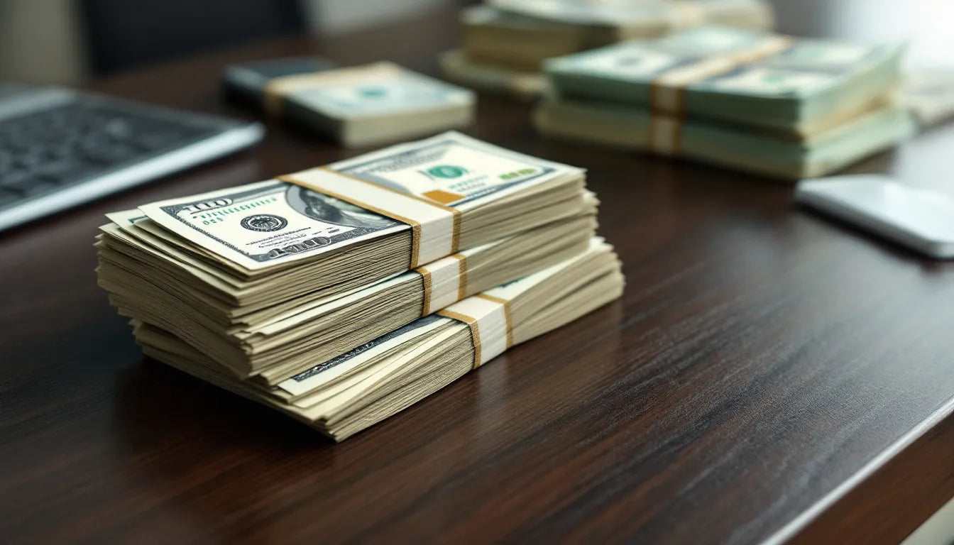 Stacks of hundred-dollar bills neatly arranged on a modern business desk.