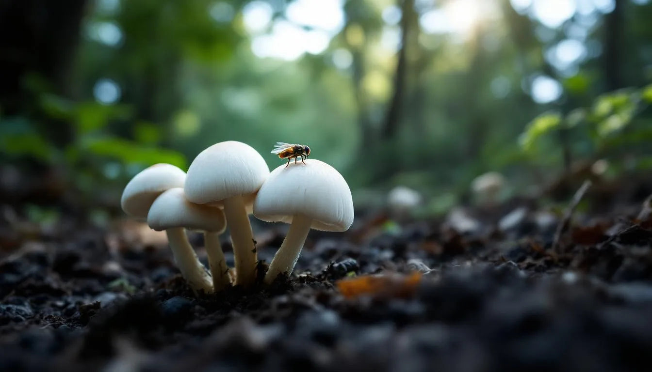 Close-up of a small fly near mushrooms